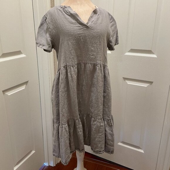 Francesca Bettini Women's 100% Linen Midi Dress Size L Gray Tiered Design  (NEW)